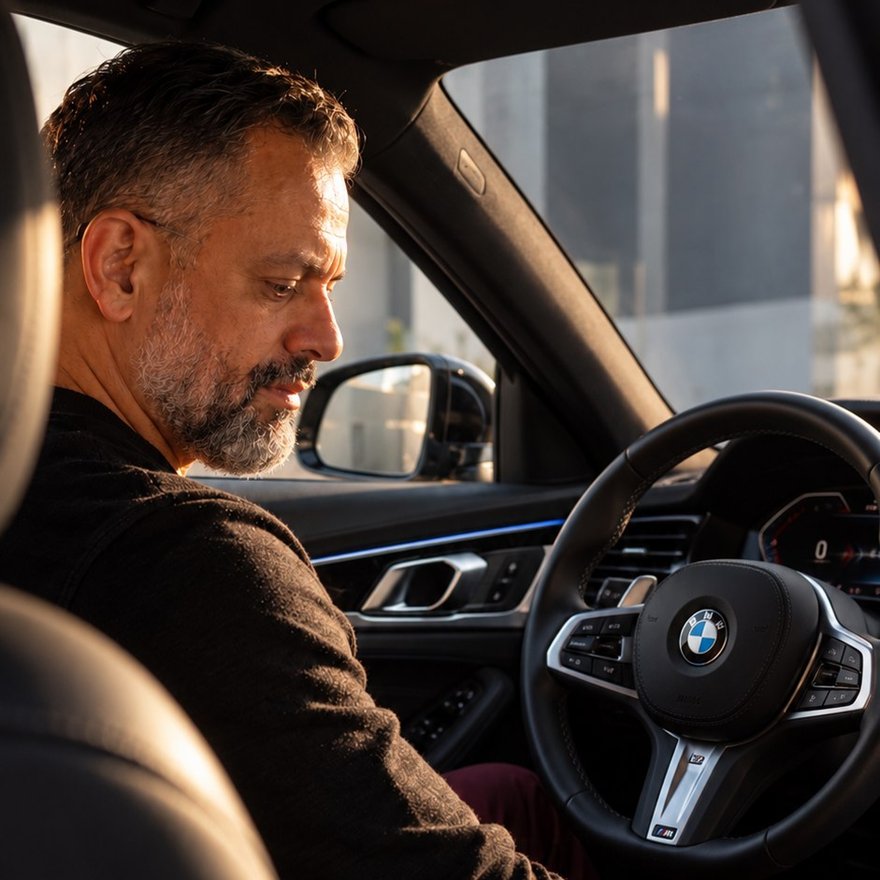 Yvan Nunes ao volante, conferindo o painel do carro
